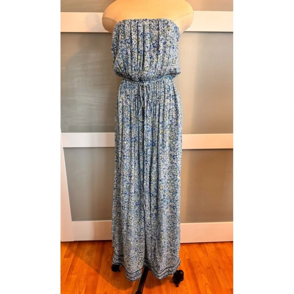 Poupette St Barth Mara Strapless Maxi Dress Blue Floral Print Small resort wear